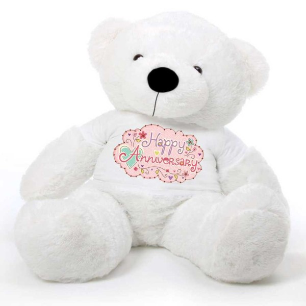 White 5 feet Big Teddy Bear wearing a Happy Anniversary T-shirt